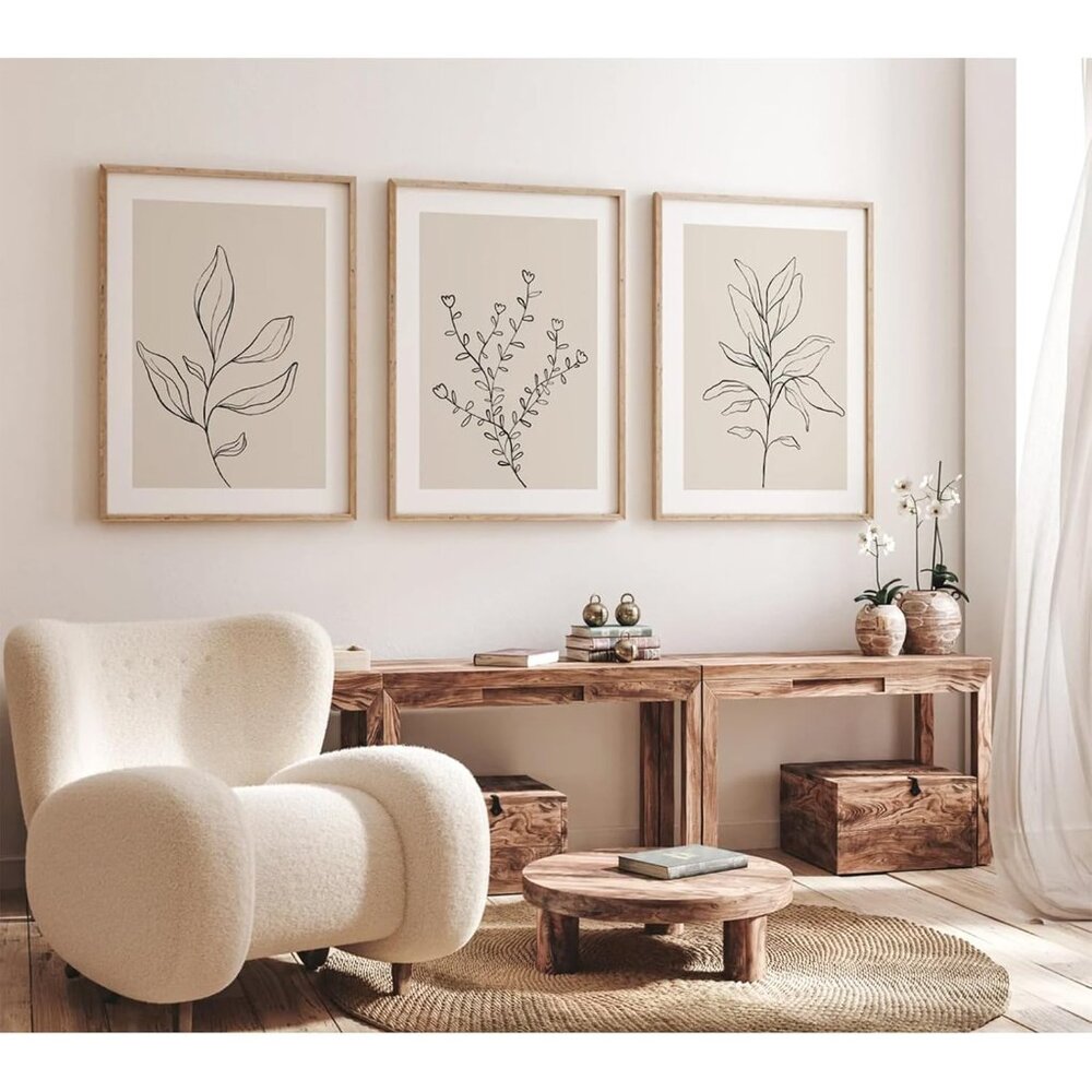 Botanical Wall Art Decor Set of 3 Neutral Wall Decor Boho Beige Canvas Wall Art